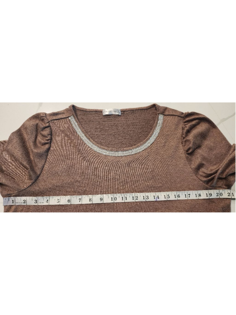 Retrology Brown Rhinestone Embellished Top XL 3/4 Ruched Sleeve Drawstring Hem - Picture 9 of 11